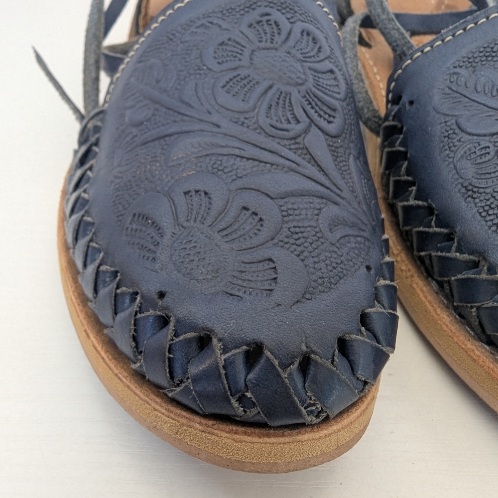 Alex Floral Embossed Navy Leather Sandals - Picture 3 of 9